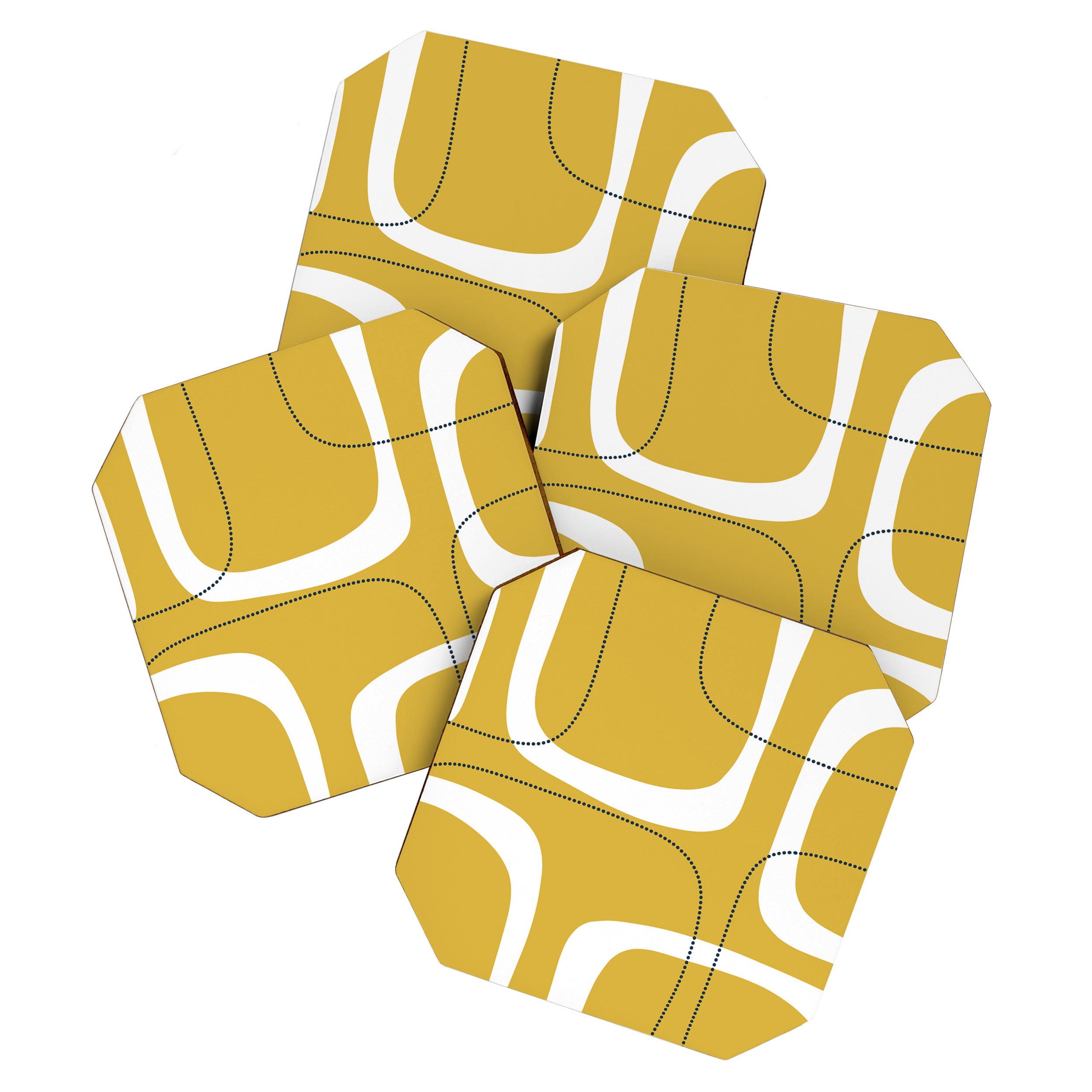 Retro Loops and Dots Midcentury Modern Pattern in Light Mustard, White, and Navy Blue Coaster Gallery Image 1