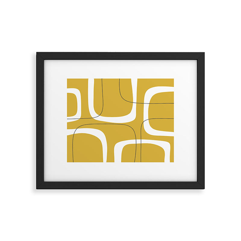 Retro Loops and Dots Midcentury Modern Pattern in Light Mustard, White, and Navy Blue Framed Art Print Gallery Image 5