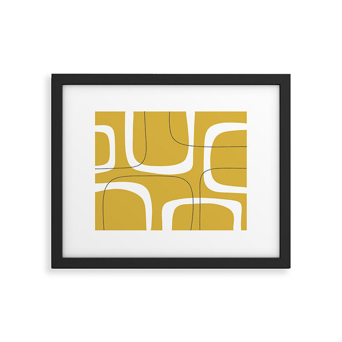 Retro Loops and Dots Midcentury Modern Pattern in Light Mustard, White, and Navy Blue Framed Art Print Gallery Image 1