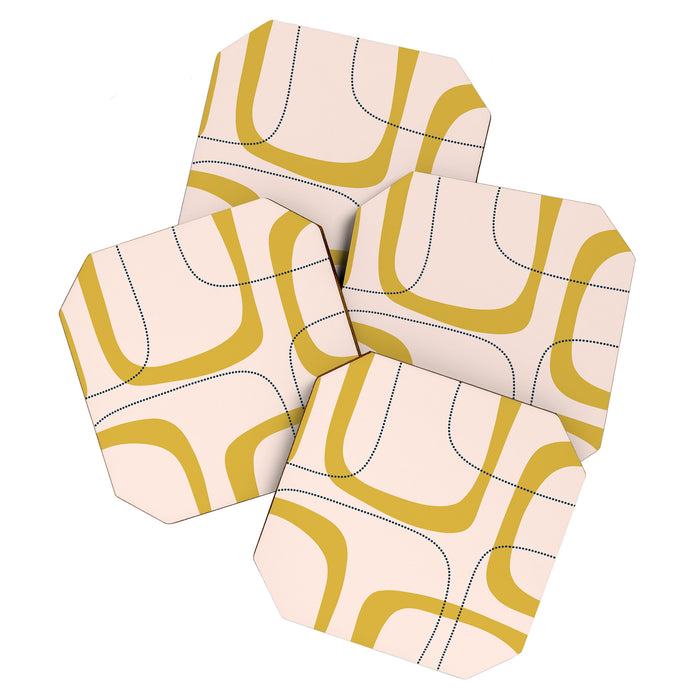 Retro Loops and Dots Midcentury Modern Pattern in Pale Blush Pink, Light Mustard, and Navy Blue Coaster Gallery Image 1