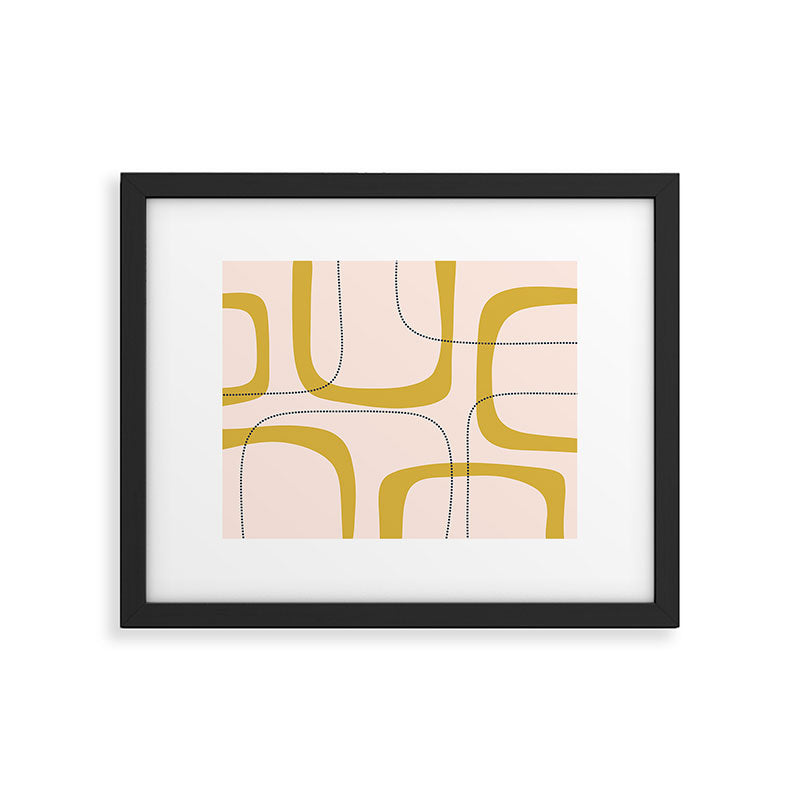 Retro Loops and Dots Midcentury Modern Pattern in Pale Blush Pink, Light Mustard, and Navy Blue Framed Art Print Gallery Image 5