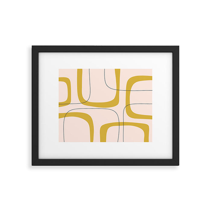 Retro Loops and Dots Midcentury Modern Pattern in Pale Blush Pink, Light Mustard, and Navy Blue Framed Art Print Gallery Image 1