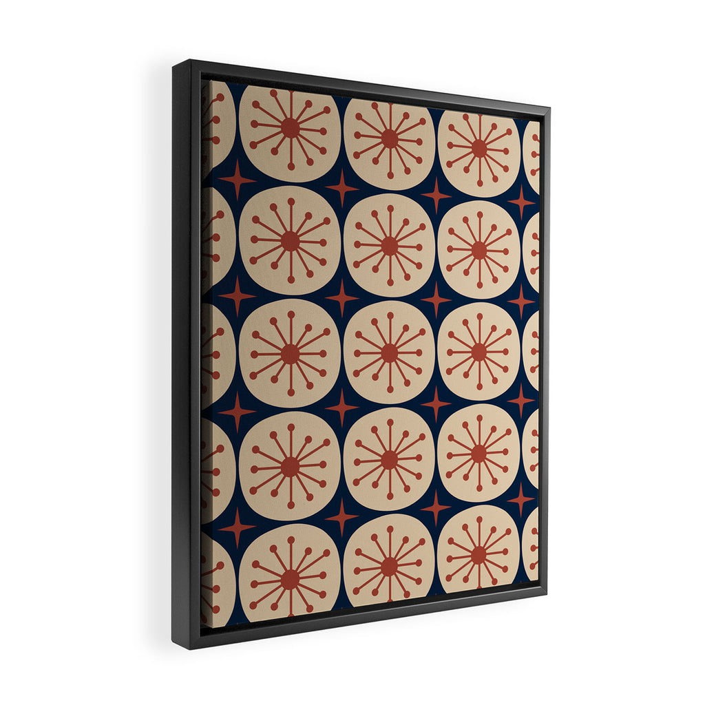 Retro Mid Century Modern Atomic Dots and Stars Pattern in Mid Mod Orange Beige Navy Blue Framed Canvas Print Gallery Image 2