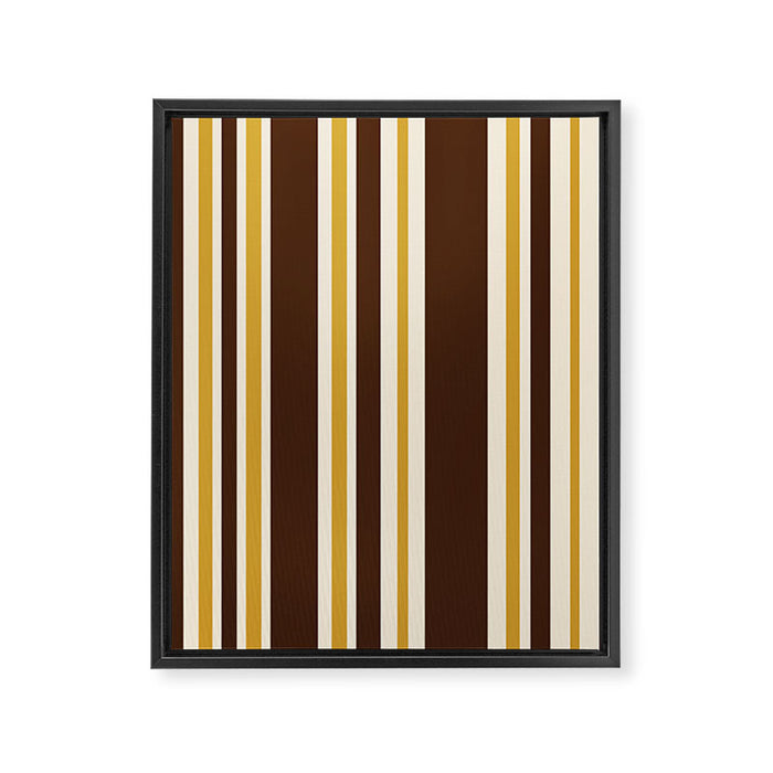 Retro Midcentury 70s Vertical Stripe Pattern Brown and Gold Framed Canvas Print Gallery Image 1
