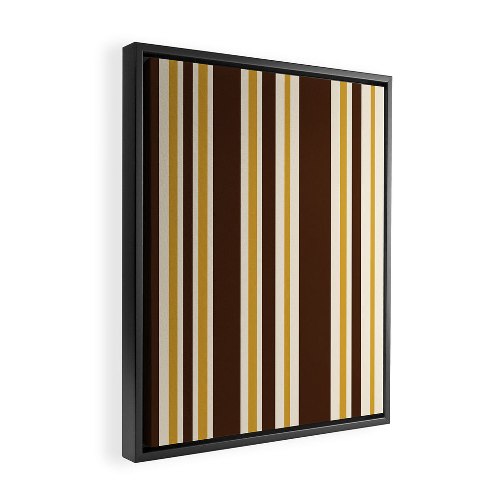 Retro Midcentury 70s Vertical Stripe Pattern Brown and Gold Framed Canvas Print Gallery Image 2
