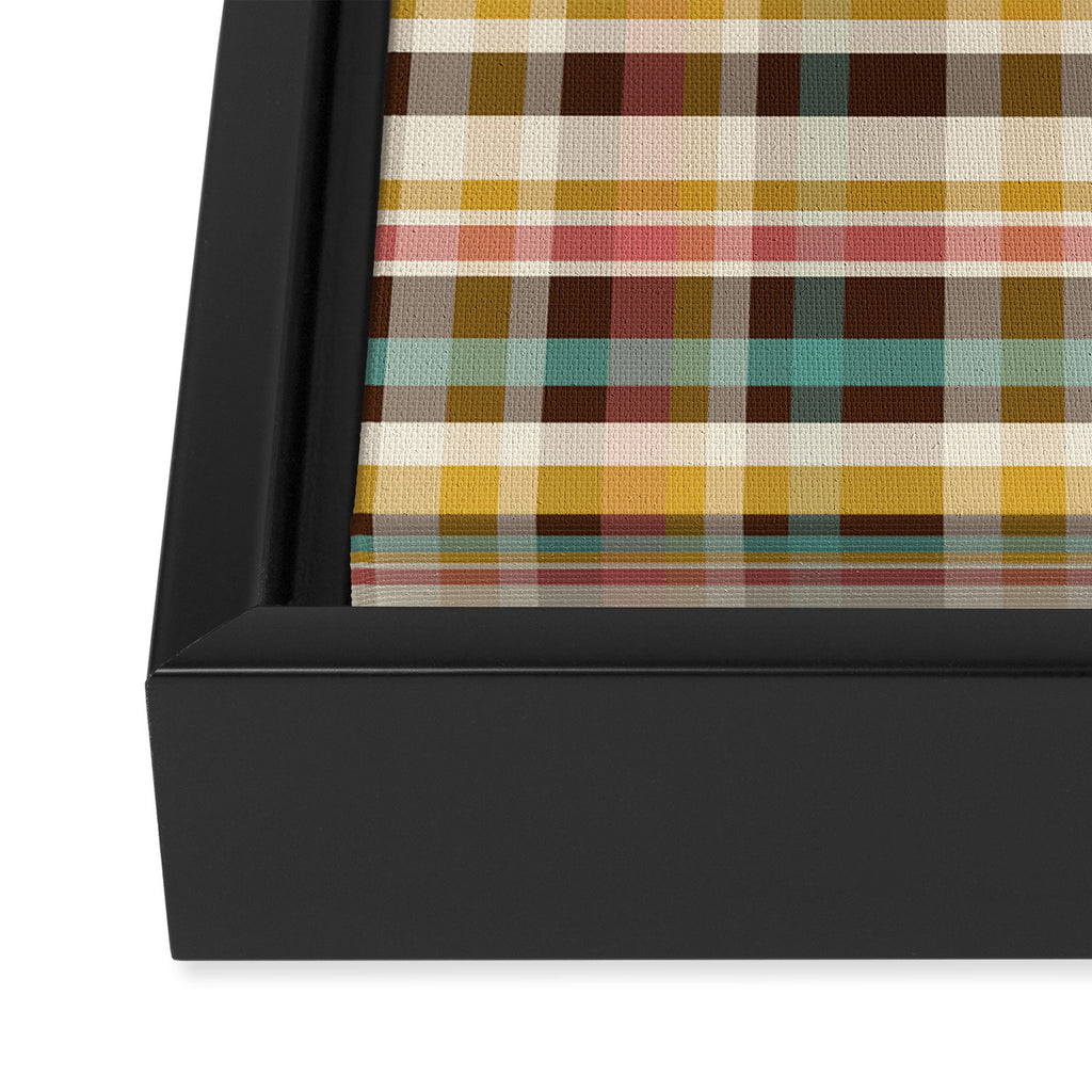 Retro Midcentury Modern Plaid Pattern Teal Brown Coral Gold Beige Framed Canvas Print Gallery Image 3