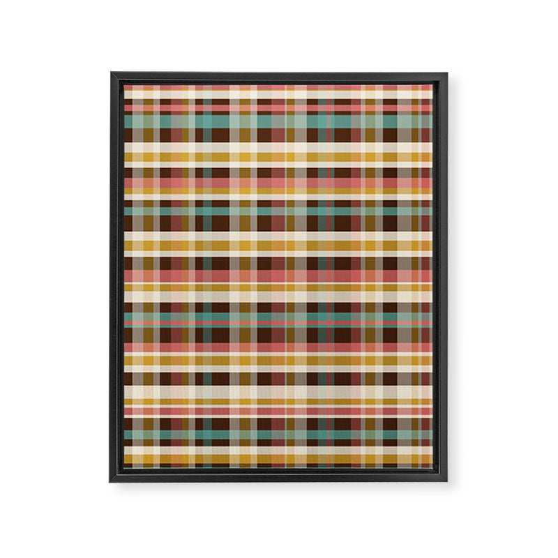 Retro Midcentury Modern Plaid Pattern Teal Brown Coral Gold Beige Framed Canvas Print Gallery Image 8