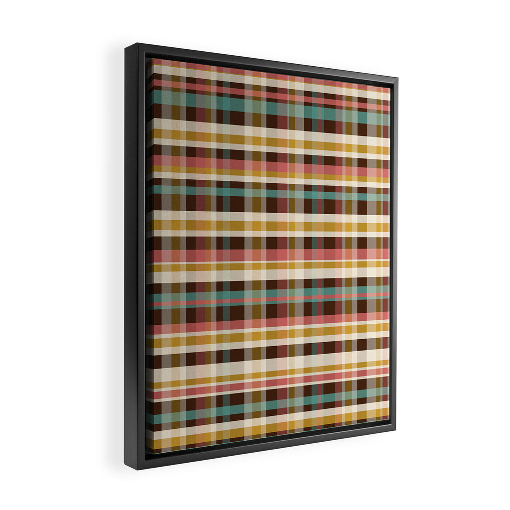 Retro Midcentury Modern Plaid Pattern Teal Brown Coral Gold Beige Framed Canvas Print Gallery Image 2