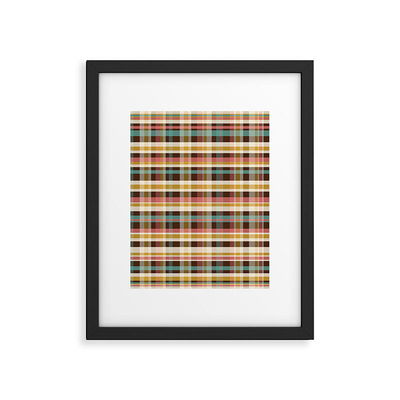 Retro Midcentury Modern Plaid Pattern Teal Brown Coral Gold Beige Framed Art Print Gallery Image 6