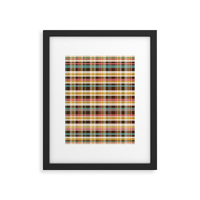 Retro Midcentury Modern Plaid Pattern Teal Brown Coral Gold Beige Framed Art Print Gallery Image 1