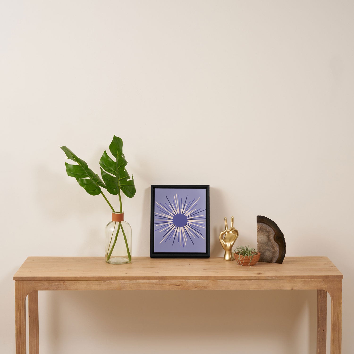 Retro Minimalist Sunburst Double Sun in Light Periwinkle Purple and Cream Framed Canvas Print Gallery Image 4