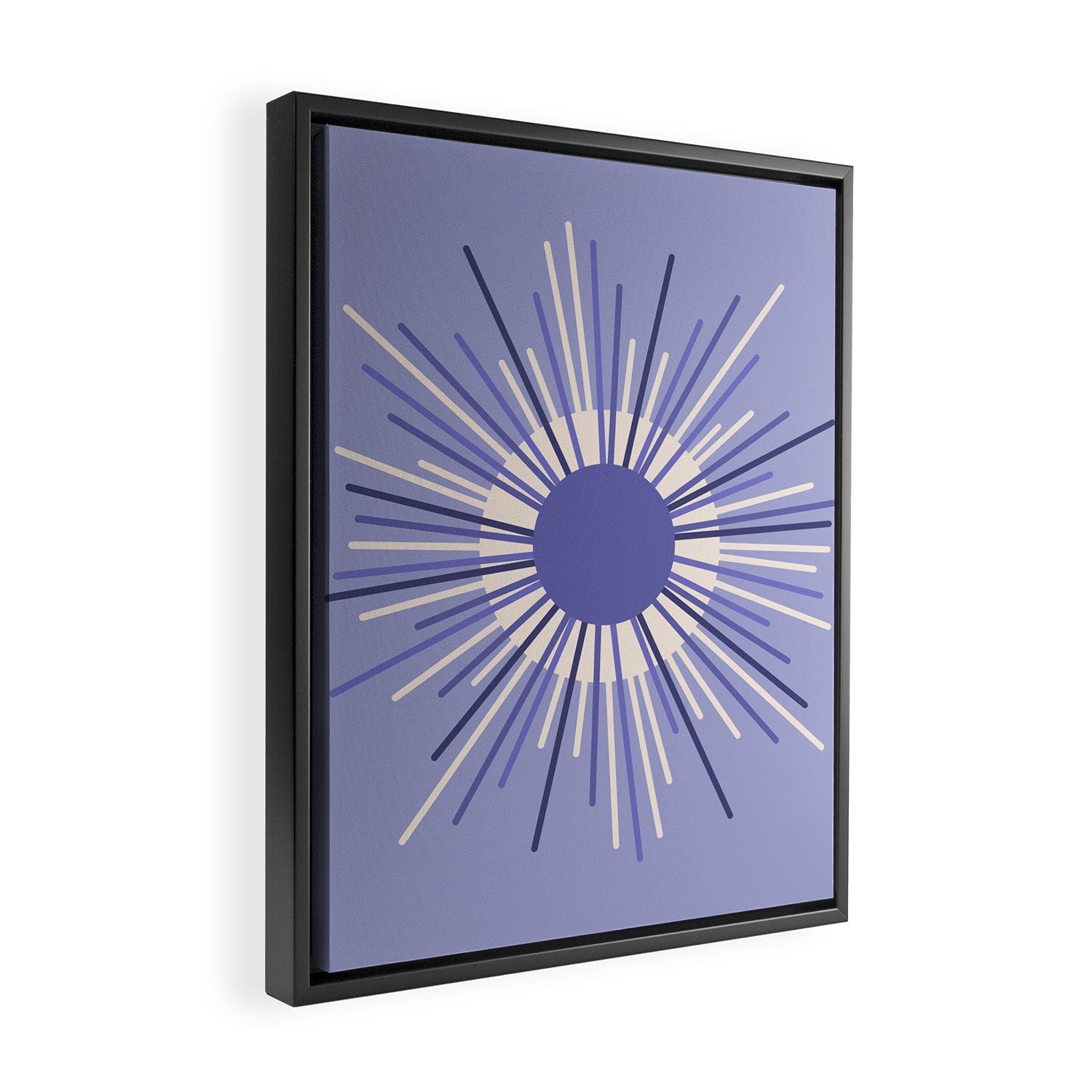 Retro Minimalist Sunburst Double Sun in Light Periwinkle Purple and Cream Framed Canvas Print Gallery Image 2