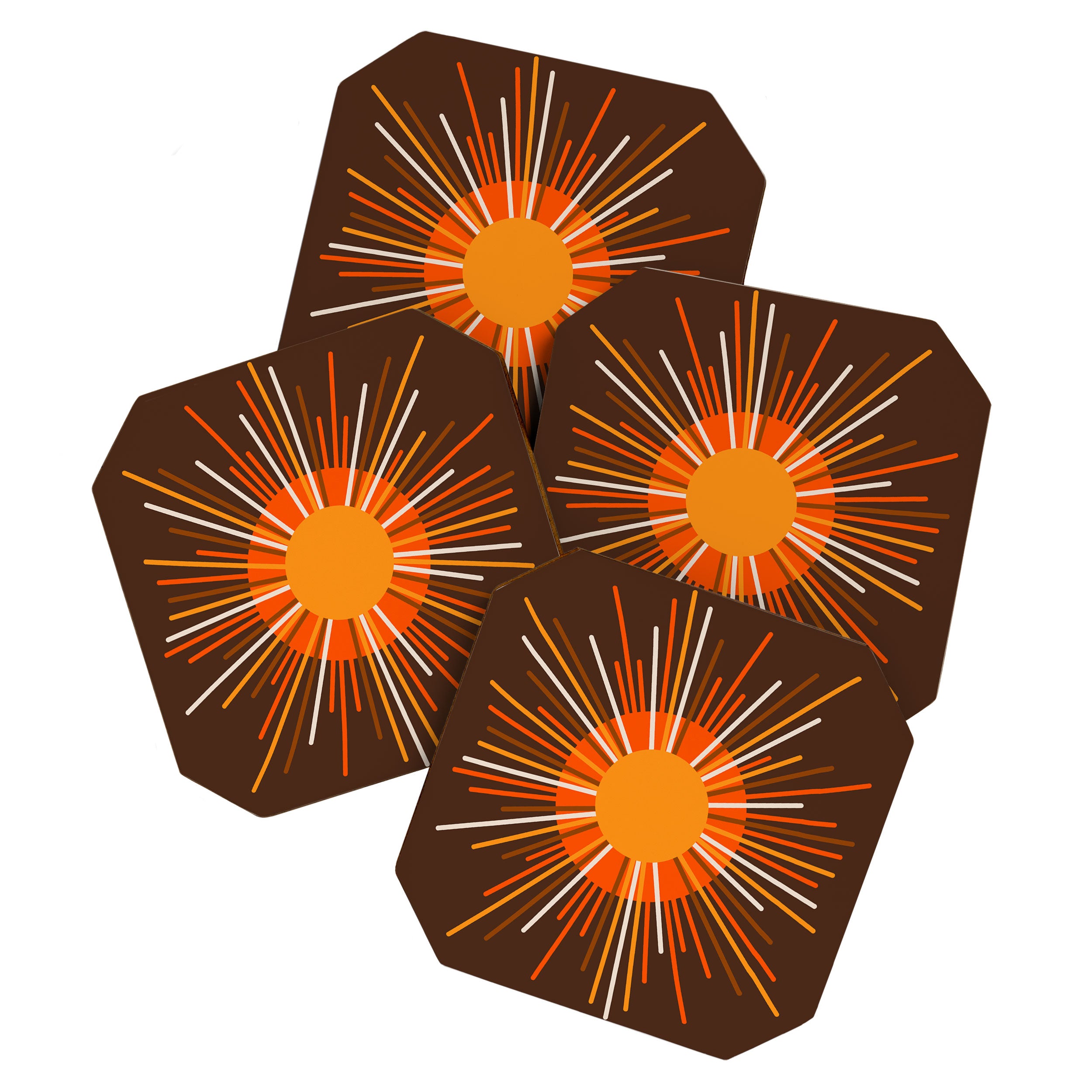Retro Minimalist Sunburst Sun in 70s Brown and Orange Coaster Gallery Image 1