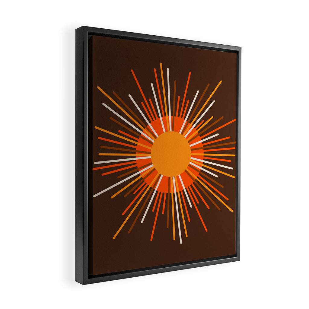 Retro Minimalist Sunburst Sun in 70s Brown and Orange Framed Canvas Print Gallery Image 2