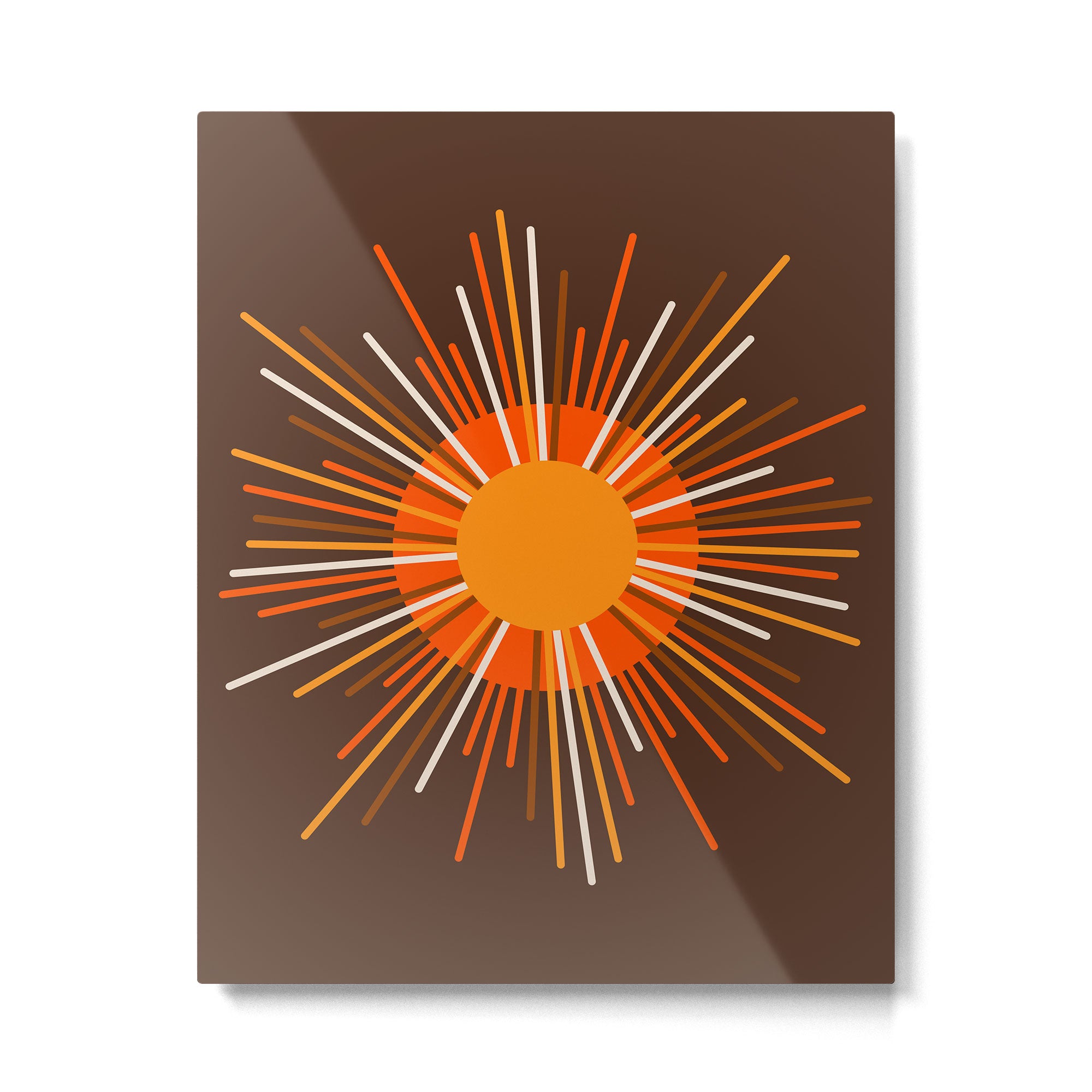 Retro Minimalist Sunburst Sun in 70s Brown and Orange Metal Print Gallery Image 6