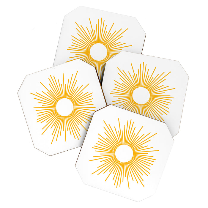 Retro Minimalist Sunburst Sun in White and Mustard Yellow Coaster Gallery Image 1