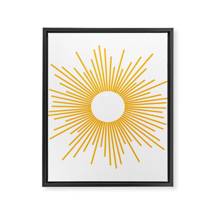 Retro Minimalist Sunburst Sun in White and Mustard Yellow Framed Canvas Print Gallery Image 1