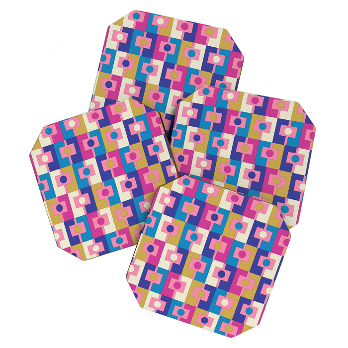 Retro Modern Geometric Rektangel Pattern Blue and Pink Coaster Gallery Image 1