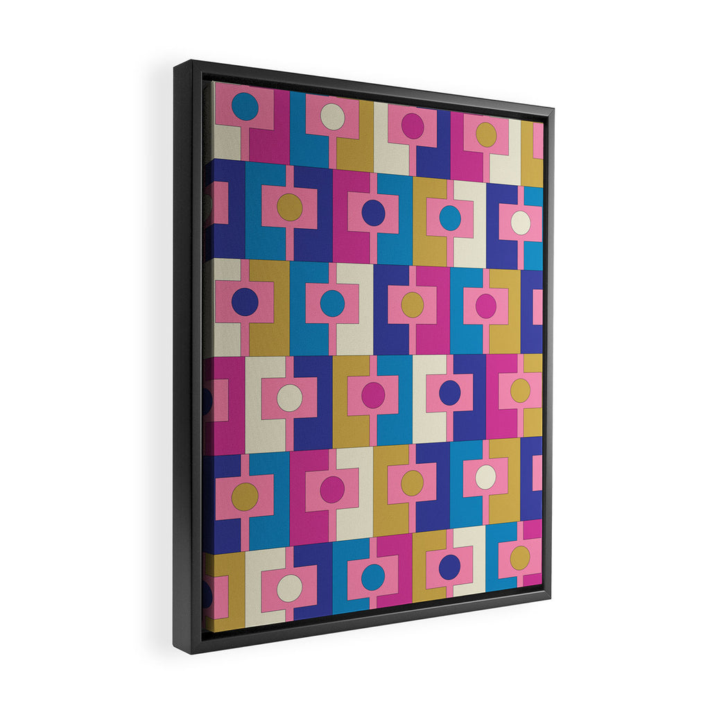 Retro Modern Geometric Rektangel Pattern Blue and Pink Framed Canvas Print Gallery Image 2