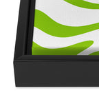 Retro Modern Liquid Swirl Abstract Pattern Bright Lime Green and White Framed Canvas Print Gallery Image 3