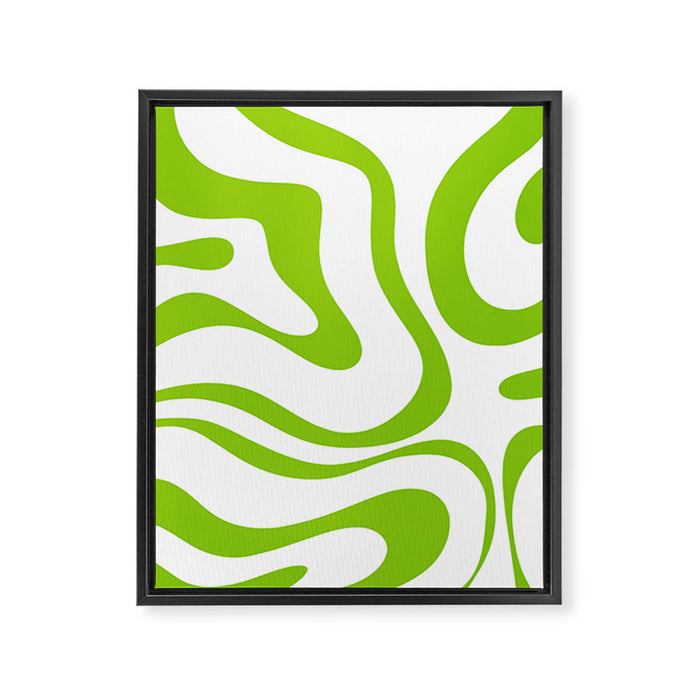 Retro Modern Liquid Swirl Abstract Pattern Bright Lime Green and White Framed Canvas Print Gallery Image 1