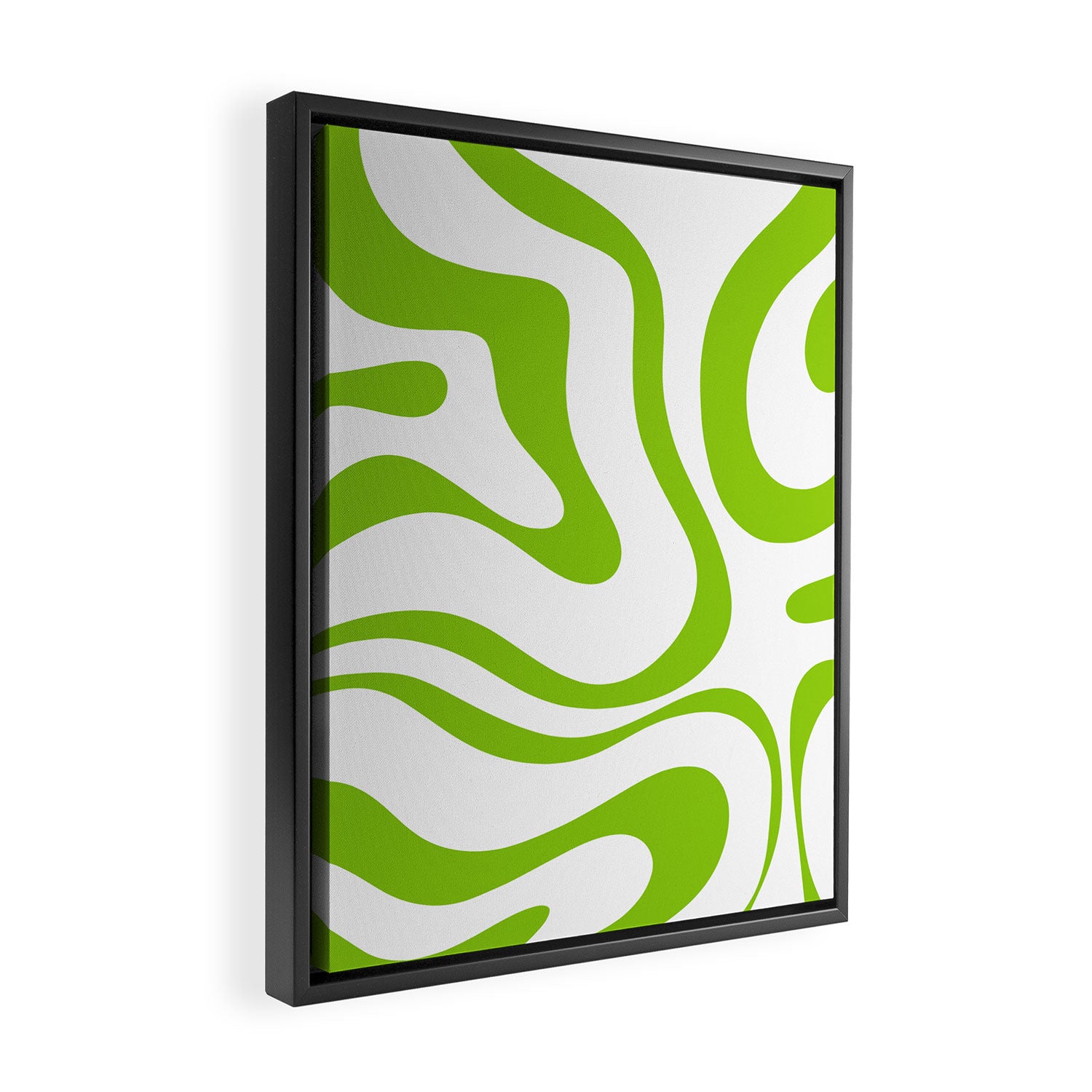 Retro Modern Liquid Swirl Abstract Pattern Bright Lime Green and White Framed Canvas Print Gallery Image 2