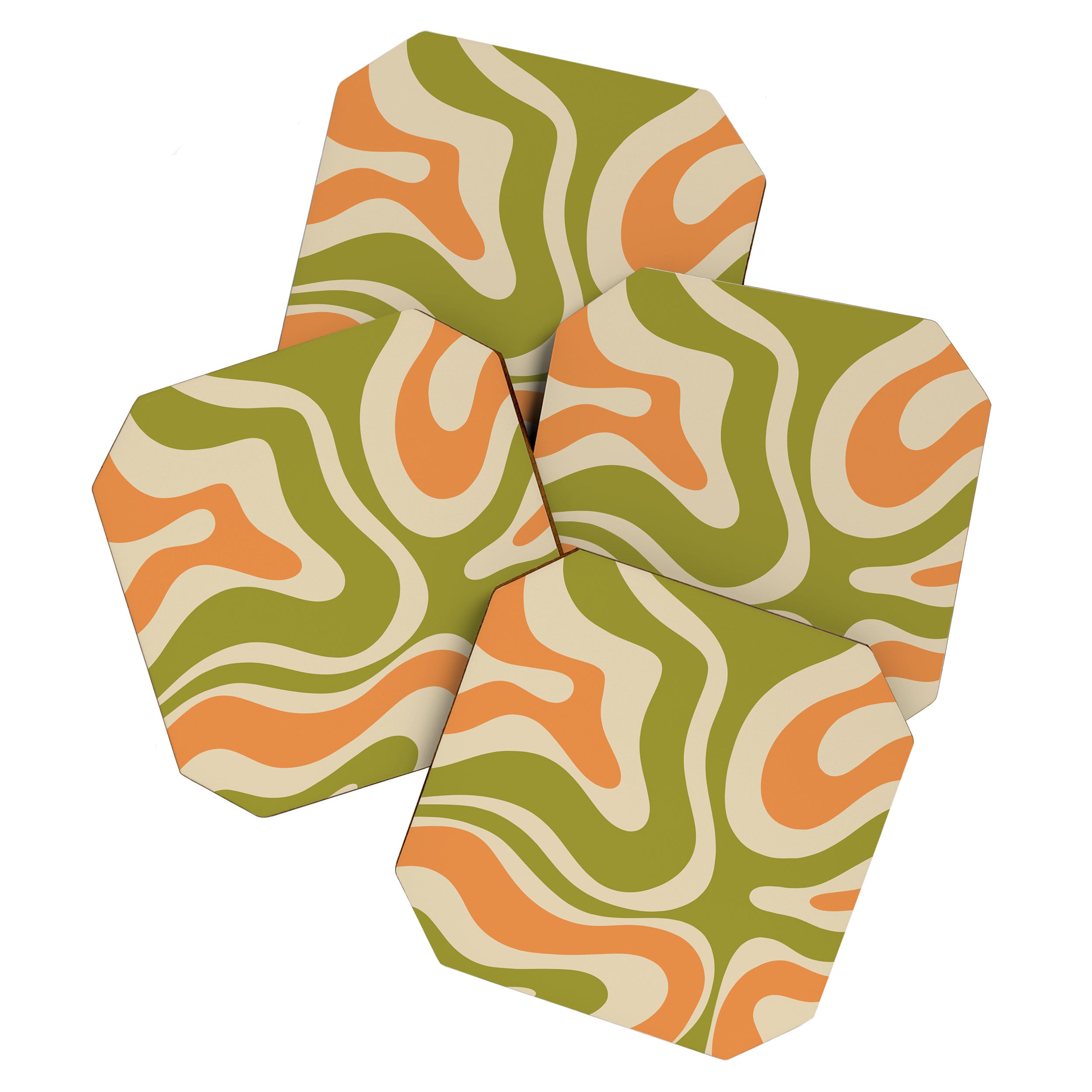 Retro Modern Liquid Swirl Abstract Pattern in Avocado Green, Orange, and Beige Coaster Gallery Image 1