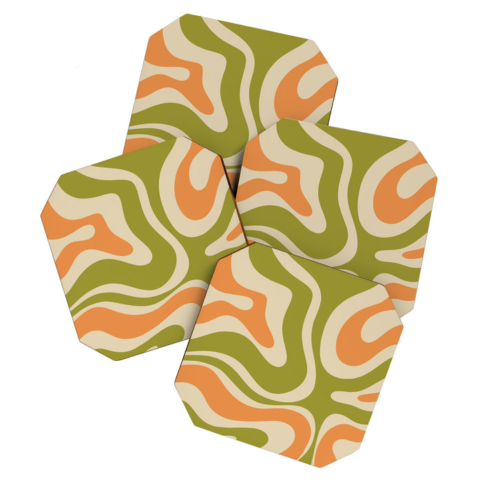 Retro Modern Liquid Swirl Abstract Pattern in Avocado Green, Orange, and Beige Coaster Gallery Image 1