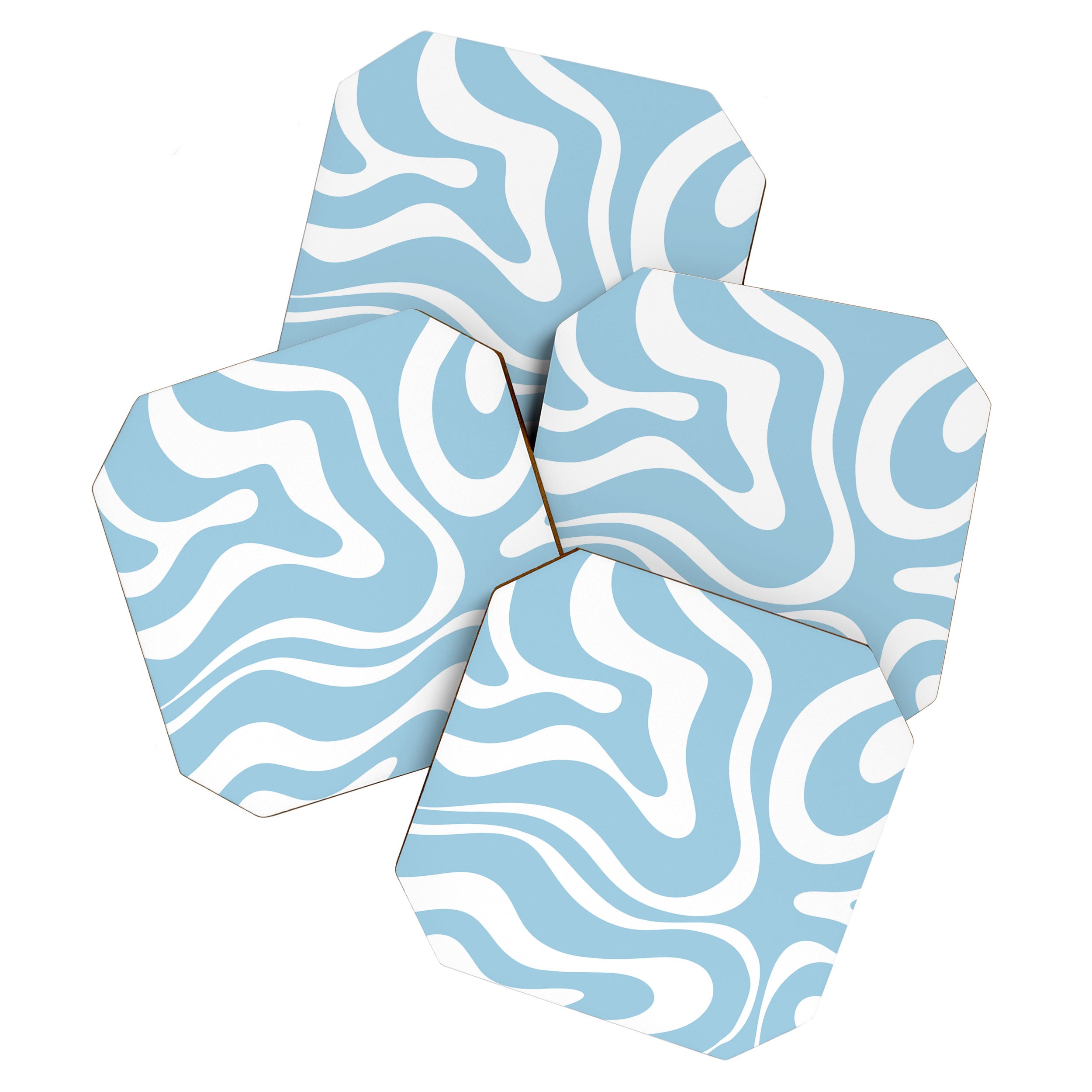 Retro Modern Liquid Swirl Abstract Pattern in Baby Blue and White Coaster Gallery Image 1