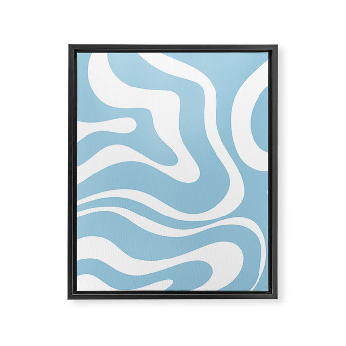 Retro Modern Liquid Swirl Abstract Pattern in Baby Blue and White Framed Canvas Print Gallery Image 1