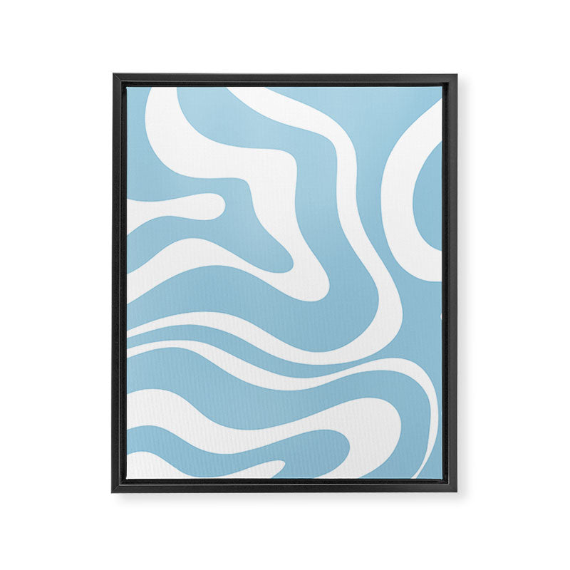 Retro Modern Liquid Swirl Abstract Pattern in Baby Blue and White Framed Canvas Print Gallery Image 8