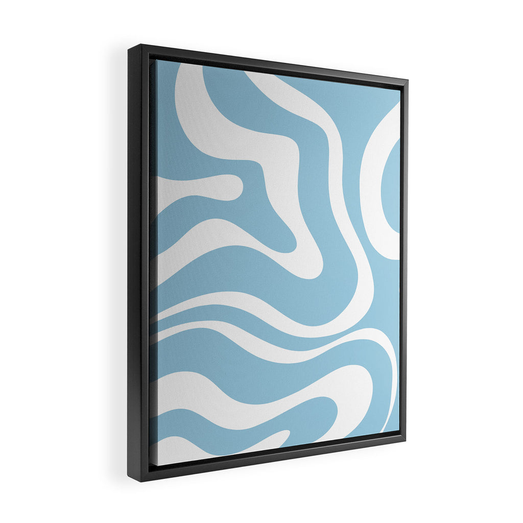 Retro Modern Liquid Swirl Abstract Pattern in Baby Blue and White Framed Canvas Print Gallery Image 2