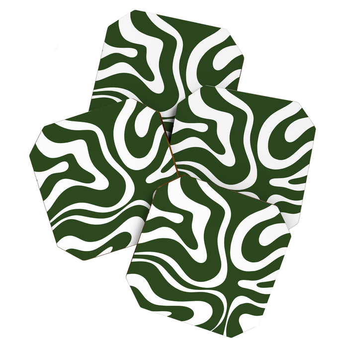 Retro Modern Liquid Swirl Abstract Pattern in Deep Green and White Coaster Gallery Image 1