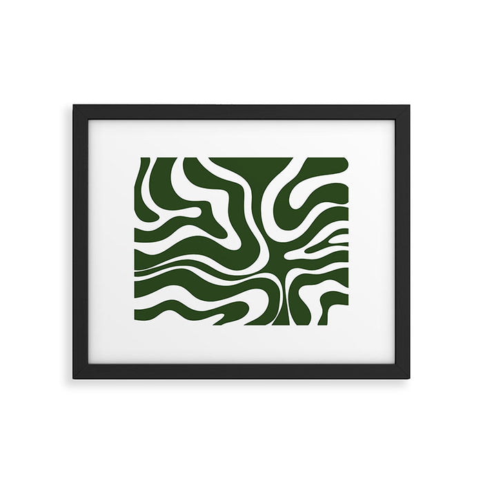 Retro Modern Liquid Swirl Abstract Pattern in Deep Green and White Framed Art Print Gallery Image 1