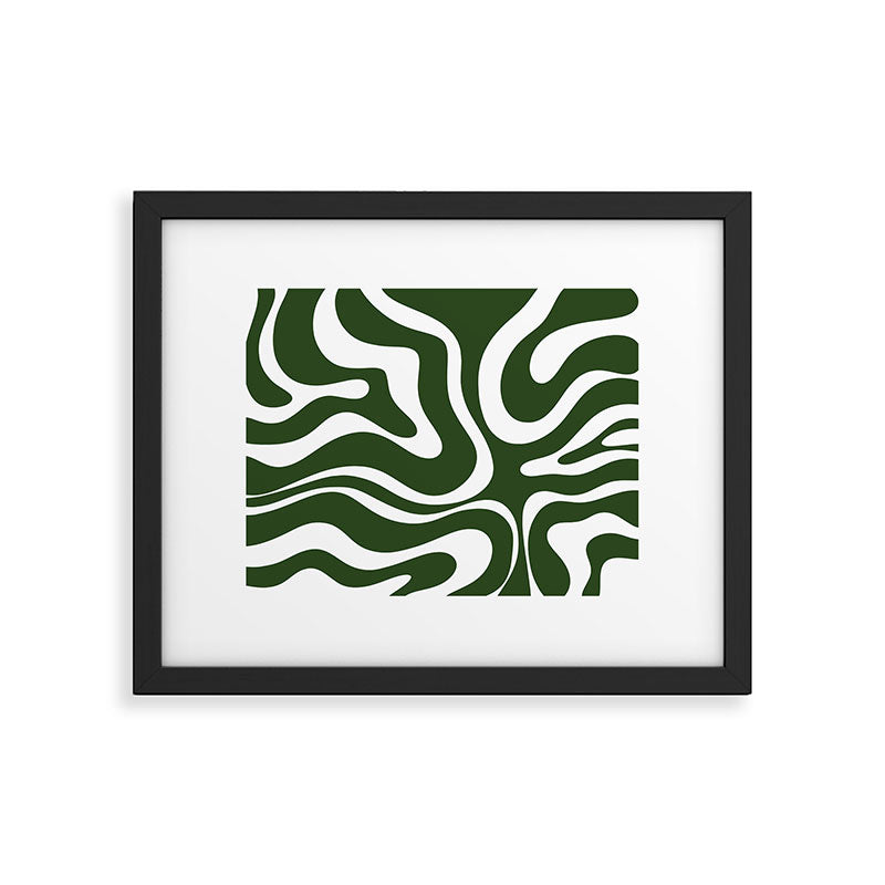 Retro Modern Liquid Swirl Abstract Pattern in Deep Green and White Framed Art Print Gallery Image 5