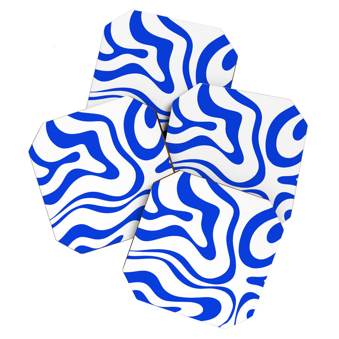 Retro Modern Liquid Swirl Abstract Pattern in Royal Blue and White Coaster Gallery Image 1