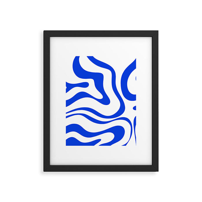 Retro Modern Liquid Swirl Abstract Pattern in Royal Blue and White Framed Art Print Gallery Image 1