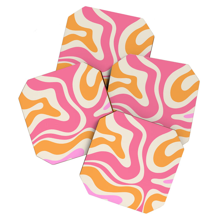 Retro Modern Liquid Swirl Abstract Pattern Pink Orange Cream Coaster Gallery Image 1