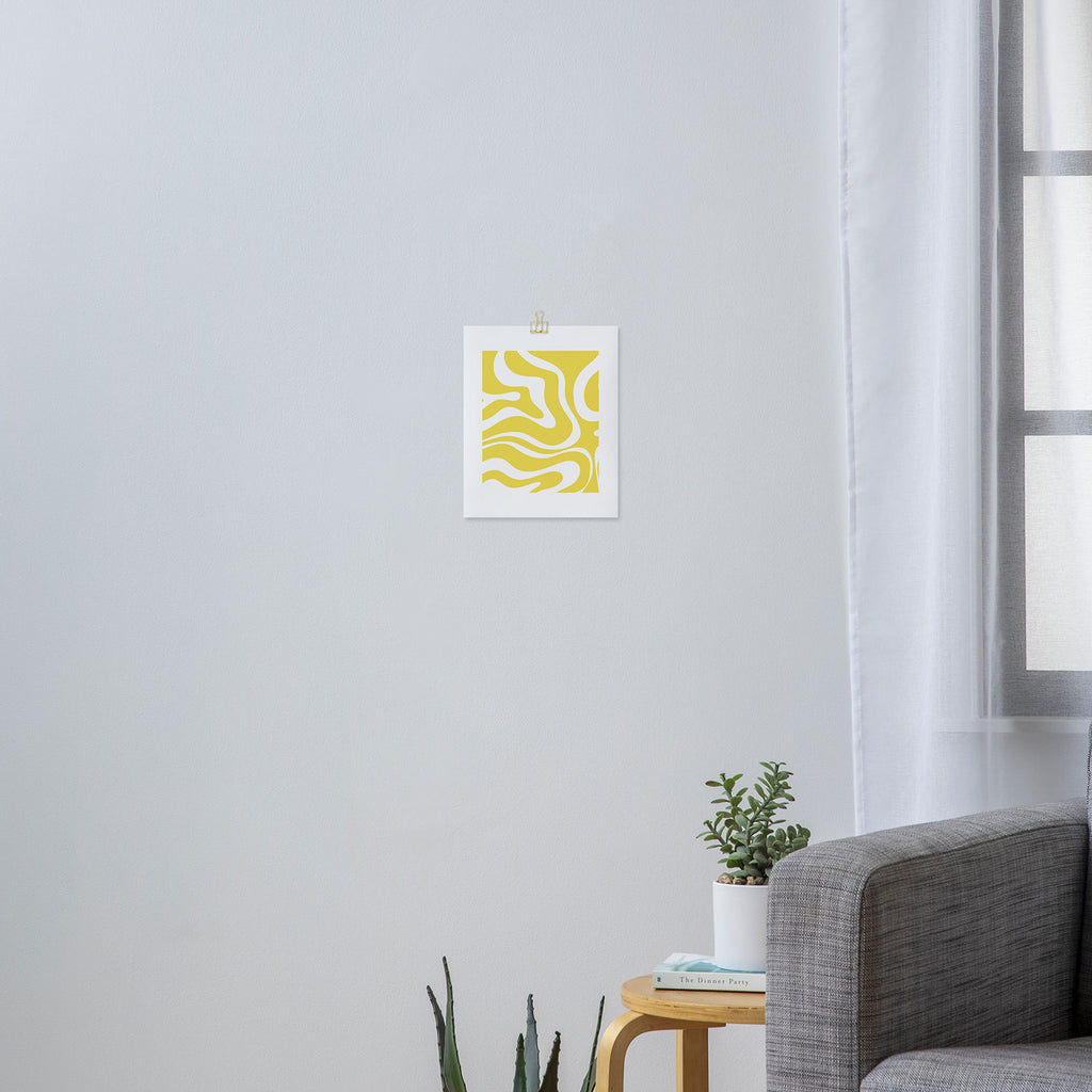 Retro Modern Liquid Swirl Abstract Pattern Square in Lemon Yellow and White Art Print Gallery Image 3
