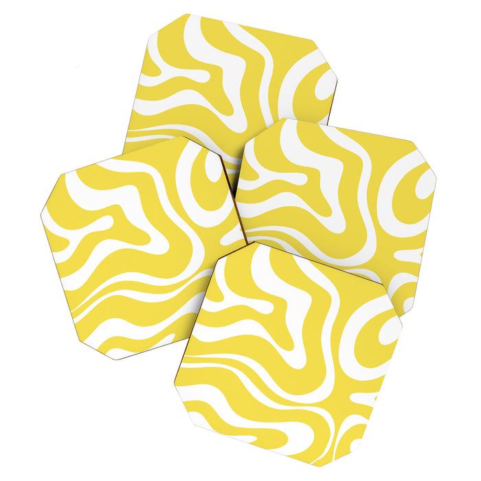 Retro Modern Liquid Swirl Abstract Pattern Square in Lemon Yellow and White Coaster Gallery Image 1
