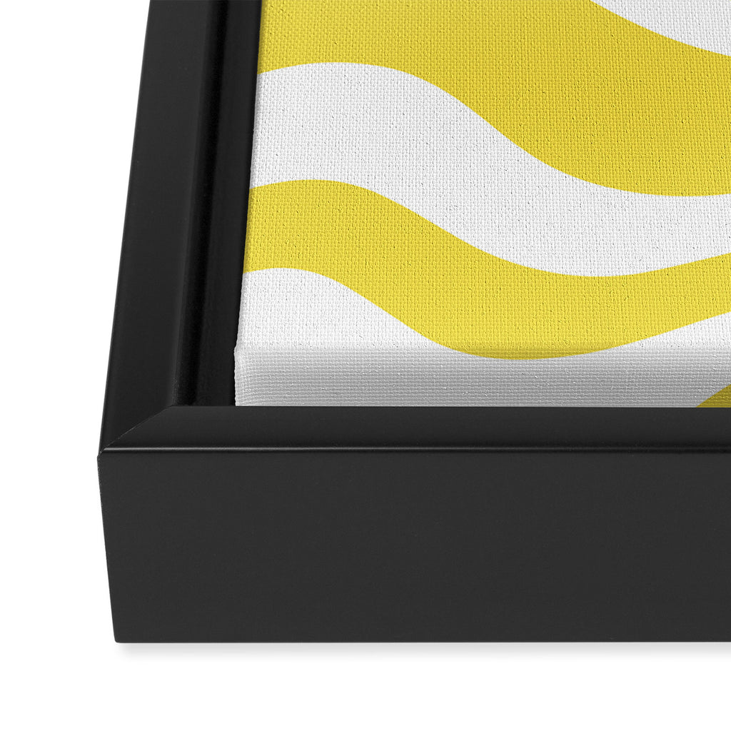 Retro Modern Liquid Swirl Abstract Pattern Square in Lemon Yellow and White Framed Canvas Print Gallery Image 3
