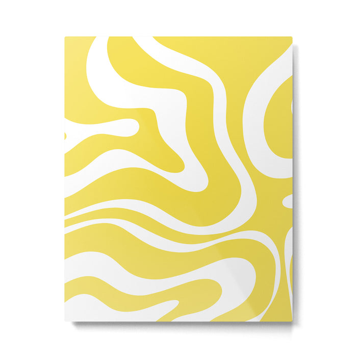 Retro Modern Liquid Swirl Abstract Pattern Square in Lemon Yellow and White Metal Print Gallery Image 1
