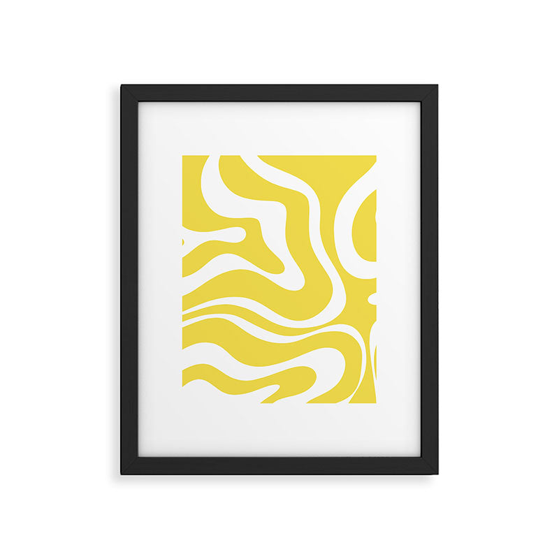 Retro Modern Liquid Swirl Abstract Pattern Square in Lemon Yellow and White Framed Art Print Gallery Image 6