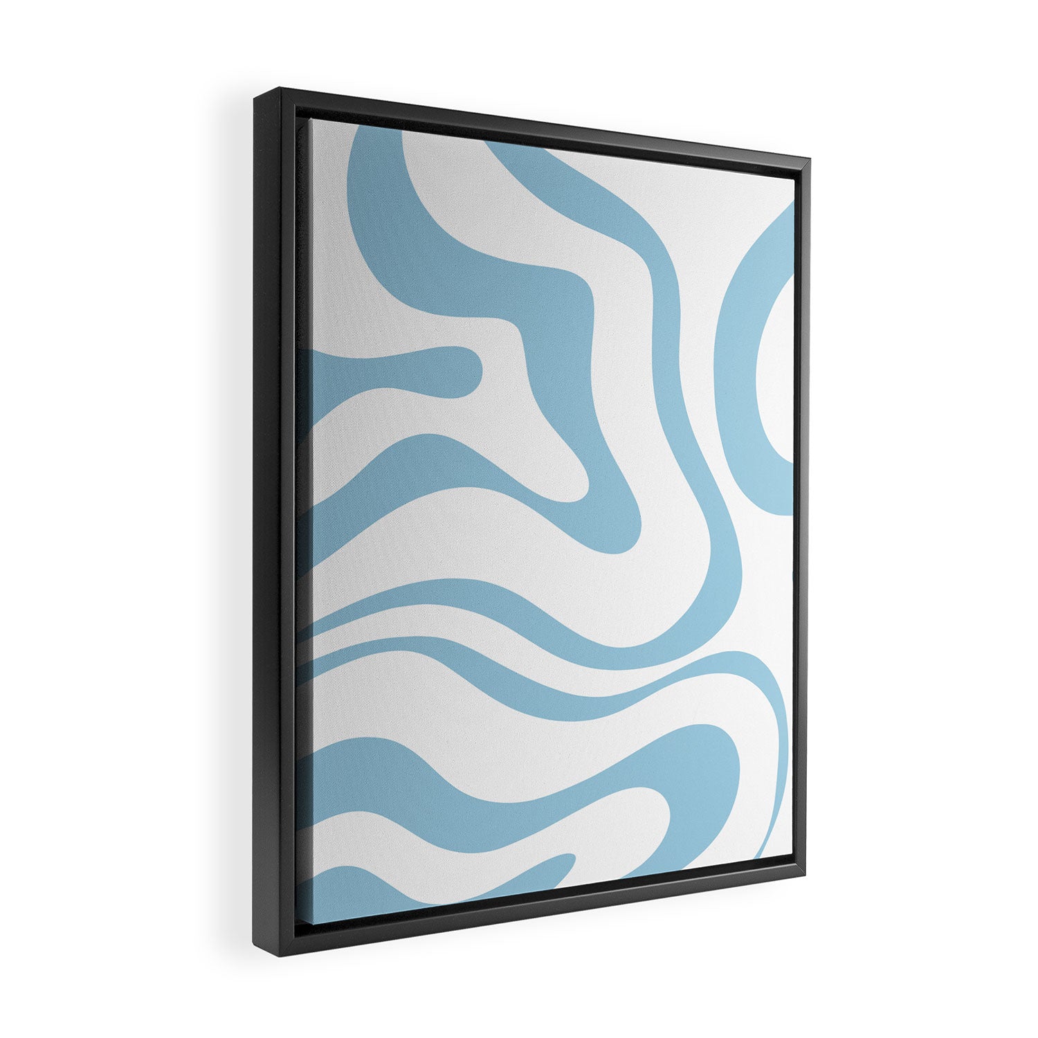 Retro Modern Liquid Swirl Abstract Pattern Square in Light Blue and White Framed Canvas Print Gallery Image 2