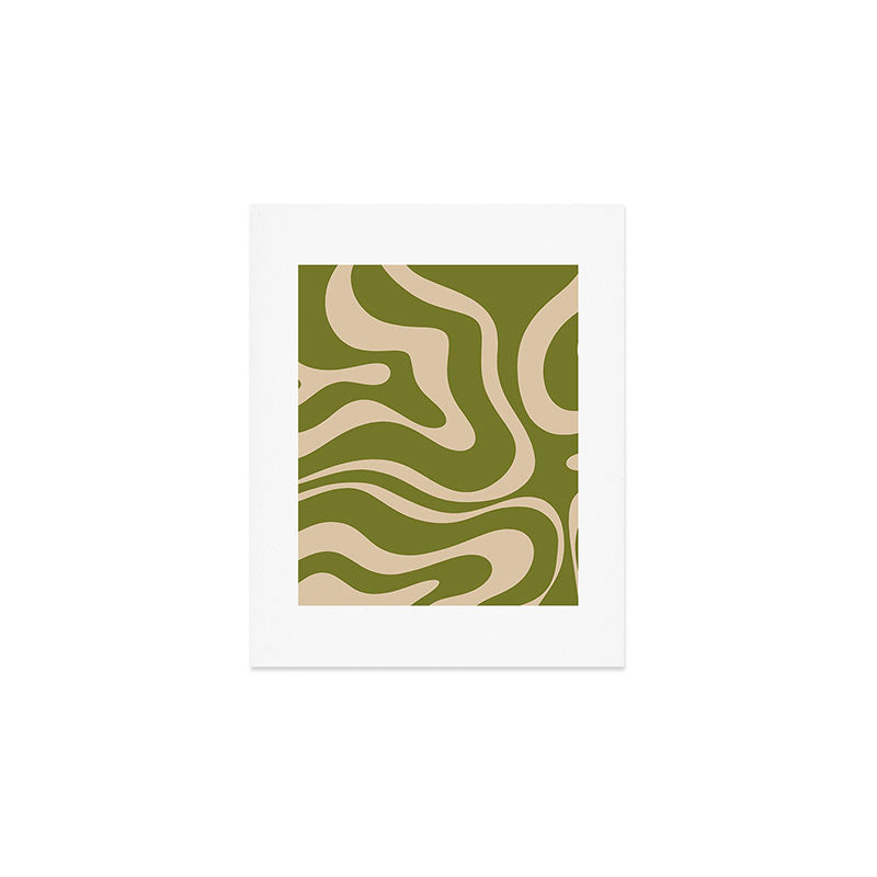 Retro Modern Liquid Swirl Abstract Pattern Square in Mid Mod Olive Green and Beige Art Print Gallery Image 1
