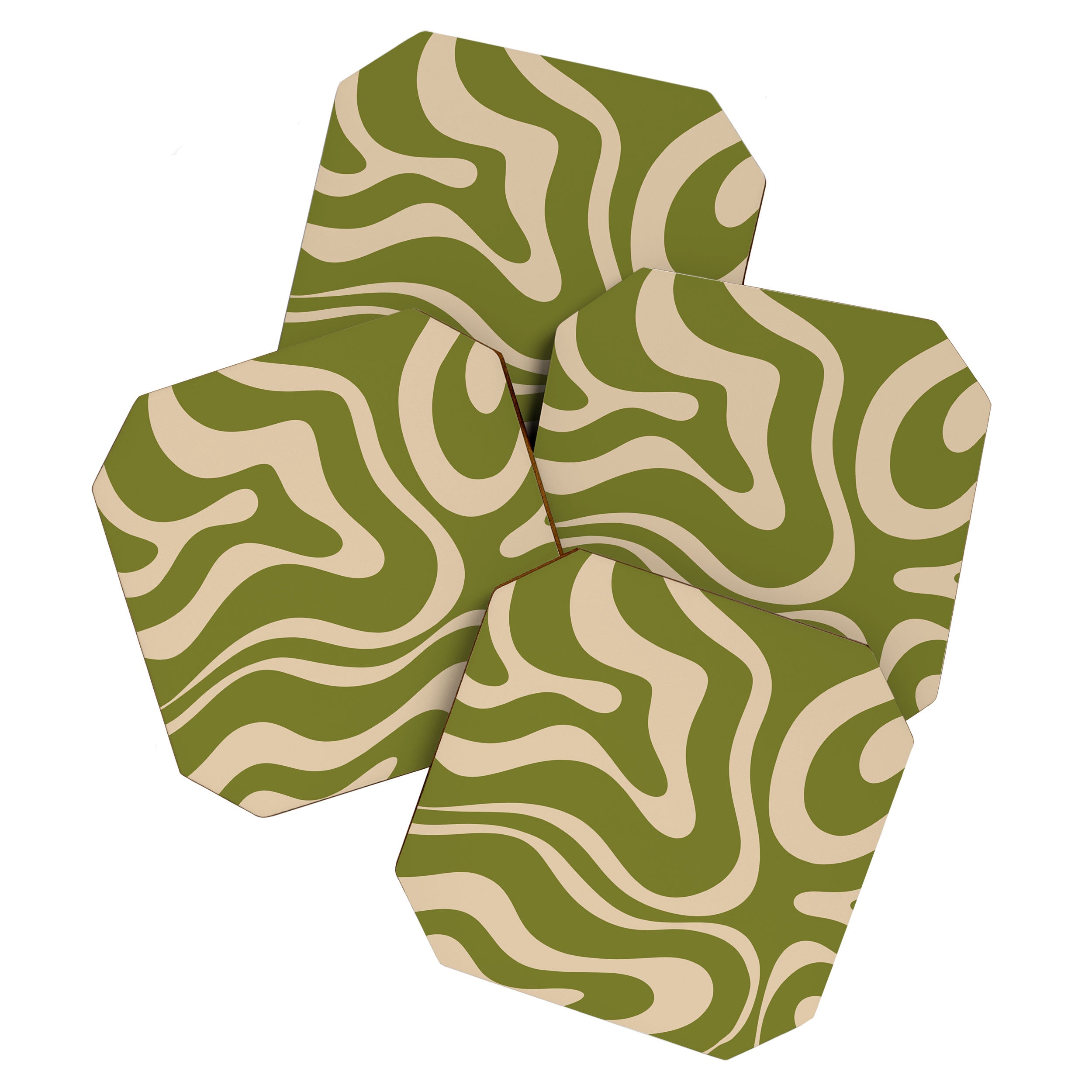 Retro Modern Liquid Swirl Abstract Pattern Square in Mid Mod Olive Green and Beige Coaster Gallery Image 1
