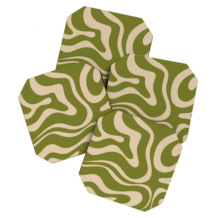 Retro Modern Liquid Swirl Abstract Pattern Square in Mid Mod Olive Green and Beige Coaster Gallery Image 1