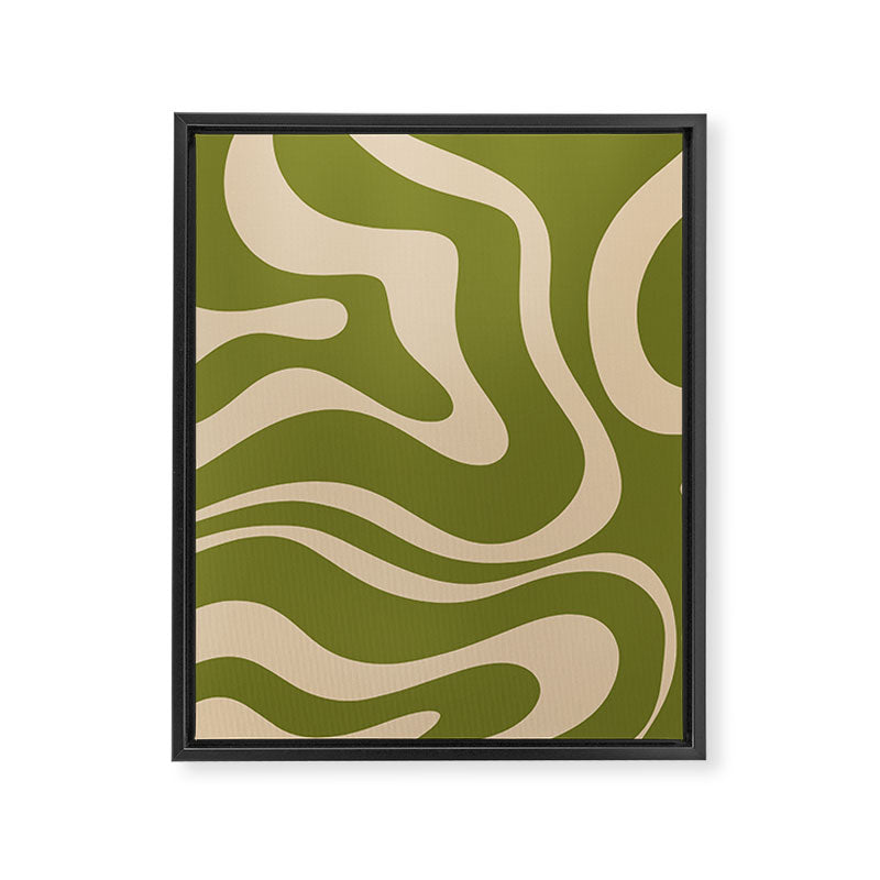 Retro Modern Liquid Swirl Abstract Pattern Square in Mid Mod Olive Green and Beige Framed Canvas Print Gallery Image 8