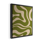 Retro Modern Liquid Swirl Abstract Pattern Square in Mid Mod Olive Green and Beige Framed Canvas Print Gallery Image 2
