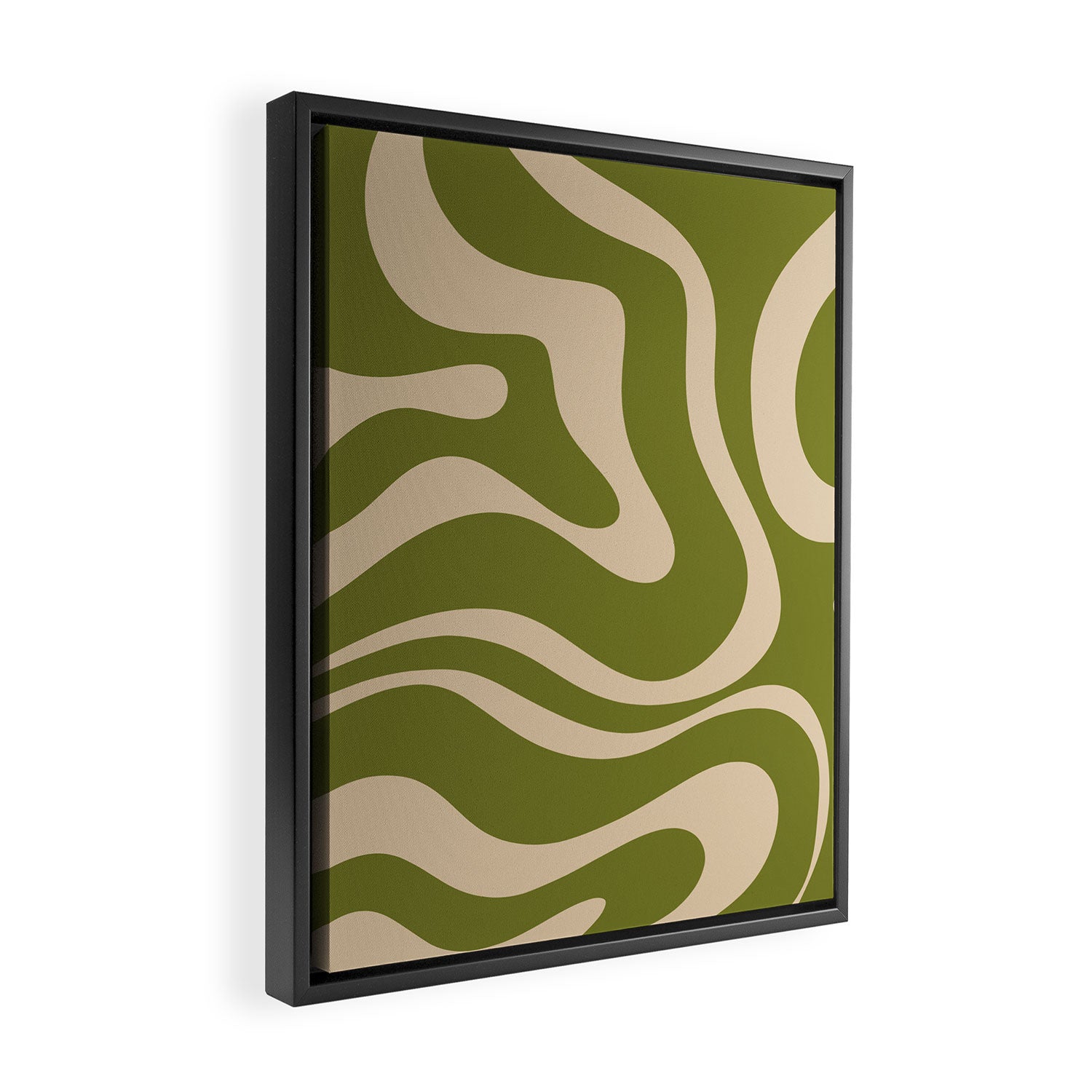 Retro Modern Liquid Swirl Abstract Pattern Square in Mid Mod Olive Green and Beige Framed Canvas Print Gallery Image 2